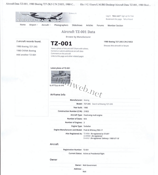 Le document de l'ancien avion