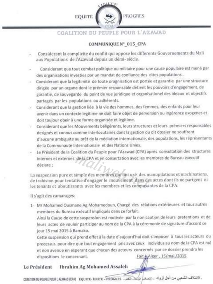 La CPA suspend ses membres qui ont signé l'accord ce vendredi à Bamako