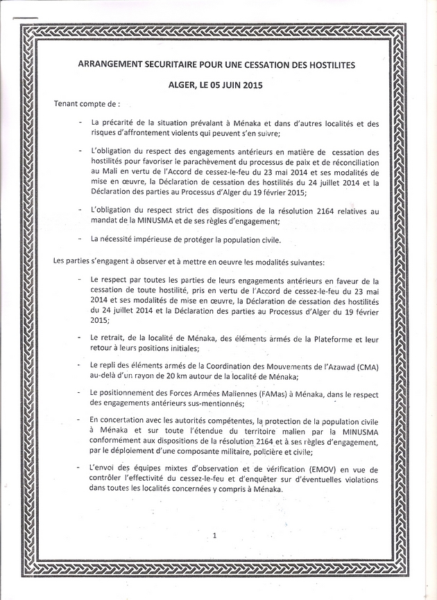 Exclusif: Le document dit Arrangement securitaire signé ce vendredi à Alger