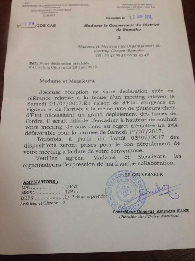 Le gouverneur du District de Bamako suspend le meeting citoyen du 1er juillet 2017