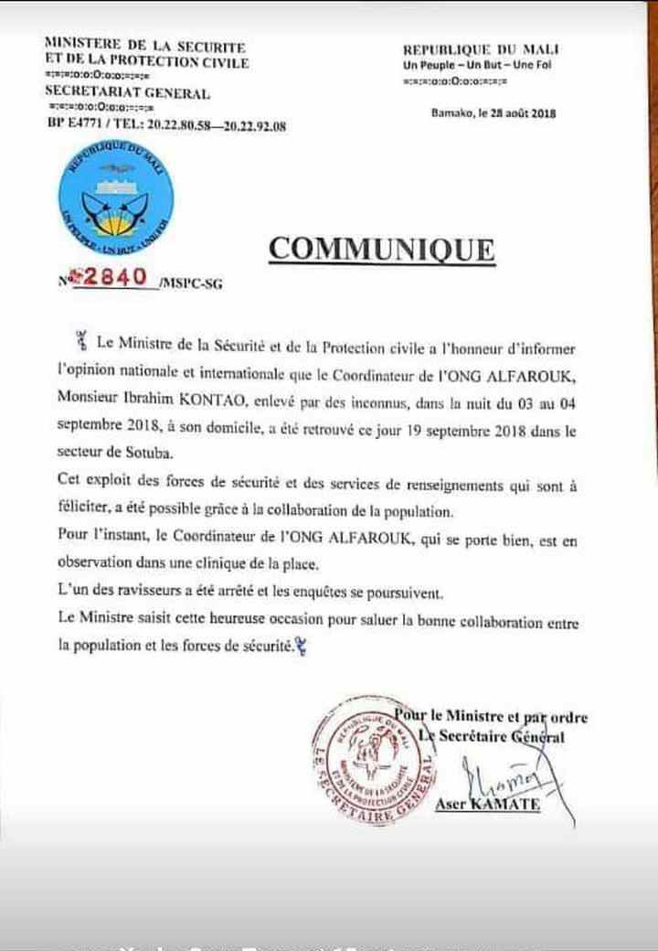 Communiqué du ministre de la sécurité, le Général Salif Traoré