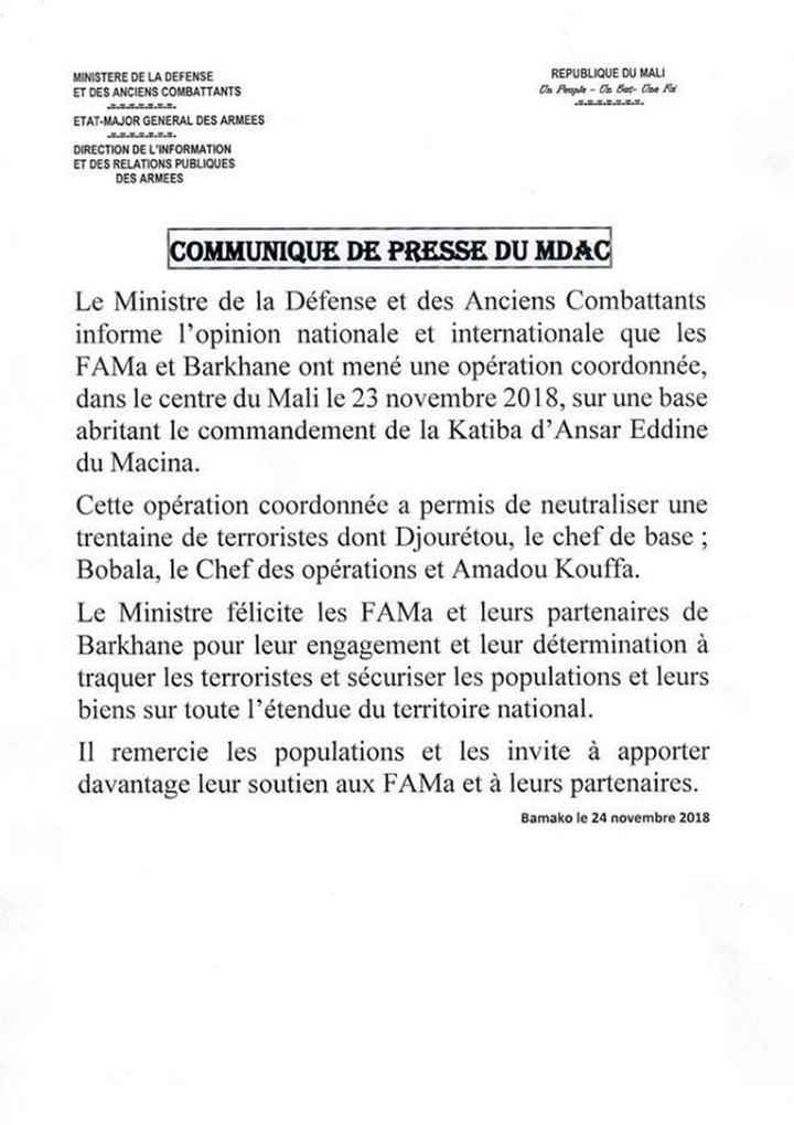 Le ministère de la Défense du Mali annonce la mort du chef de base Djouretou, du chef des opérations Bobala et d’Amadou Koufa, le chef de la Katiba Ansar Eddine