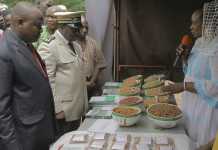 Le Gouverneur et le coodinateur du projet visitant le stand d'ICRISAT tenu par Mme Keita Djeneba Konaté