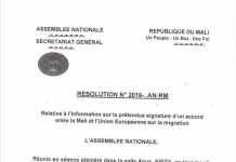 La résolution N°2016-AN-RM de l'Assemblée nationale du Mali relative à l'information sur la prétendue signature d'un accord entre le Mali et l'Union européenne sur la migration.