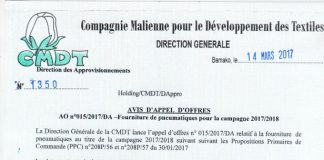 Avis d’appel d’offre de la CMDT