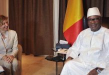 La ministre française des Armées Florence Parly a été reçue par le président malien Ibrahim Boubacar Keita, au palais présidentiel à Bamako, le 1er août 2017. © HABIBOU KOUYATE / AFP