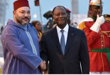 Visite du roi Mohammed VI du Maroc au président ivoirien Alassane Ouattara, le 24 février 2017. © Sia Kambou/AFP