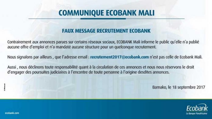 Faux Message recrutement Ecobank