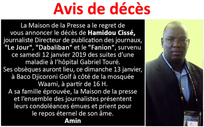 Communiqué : avis de décès Hamidou Cissé